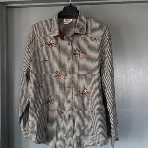 Vintage Teddi Women's Brown Check Embroidered Birds Button Top Long Sleeves XL